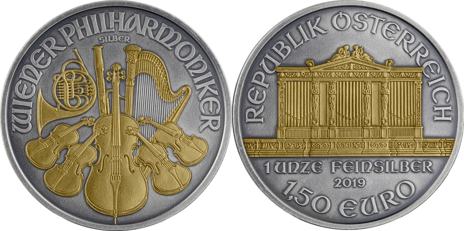 Austria2019 Silver 1.50 Euro.999 Silver 1 oz Coin Wein Philarmony Comme