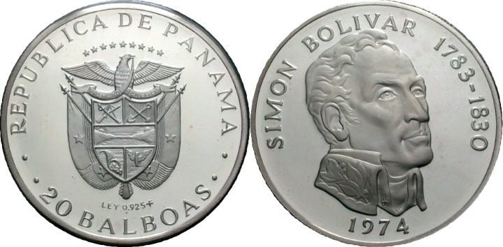 1974 PANAMA 20 BALBOAS COIN シモン・ボリバル 20バルボア