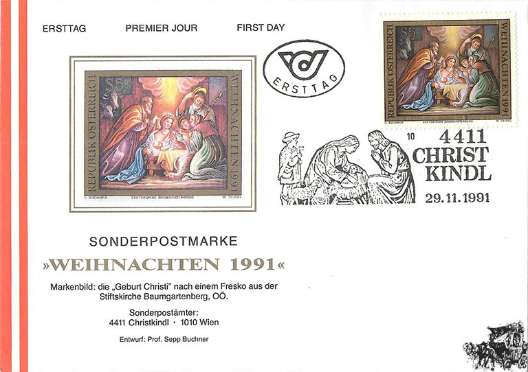 Österreich FDC 1991 5 S Weihnachten 1991