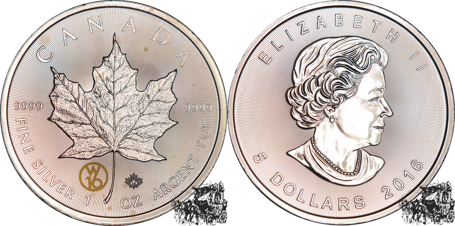 2016 シルバー カナダ $5 メープル リーフ 陰陽プライベート Kanada 5 Dollar 2016 - Maple Leaf -Privy Mark W16 stplfr