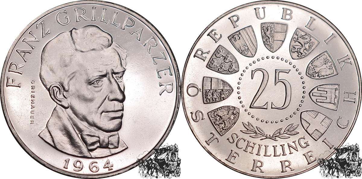 1964 Austria 25 Schillings Commemorative Franz Grillparzer Proof Silver Coin 
