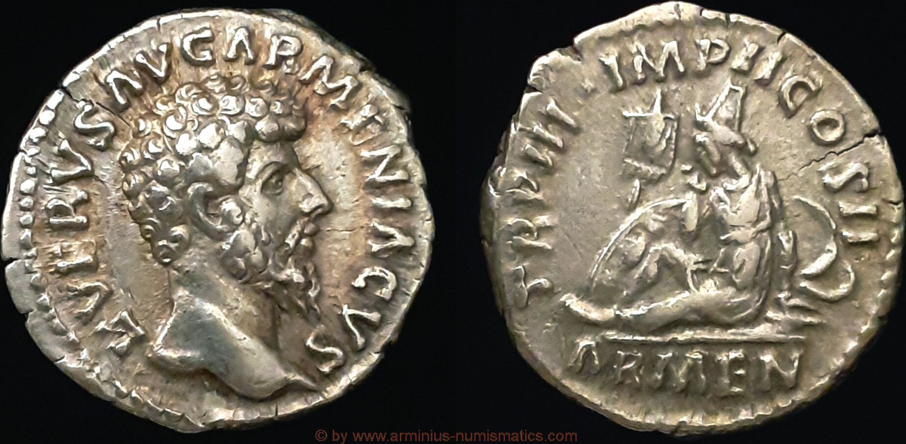 Roman Empire Denar 163 n. Chr. Lucius Verus celebrating the victory ...