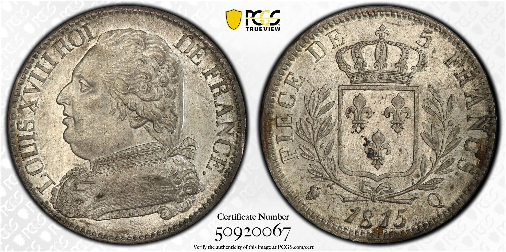 France - Louis XVIII - 5 francs 1815 Perpignan - PCGS MS62 - TOP
