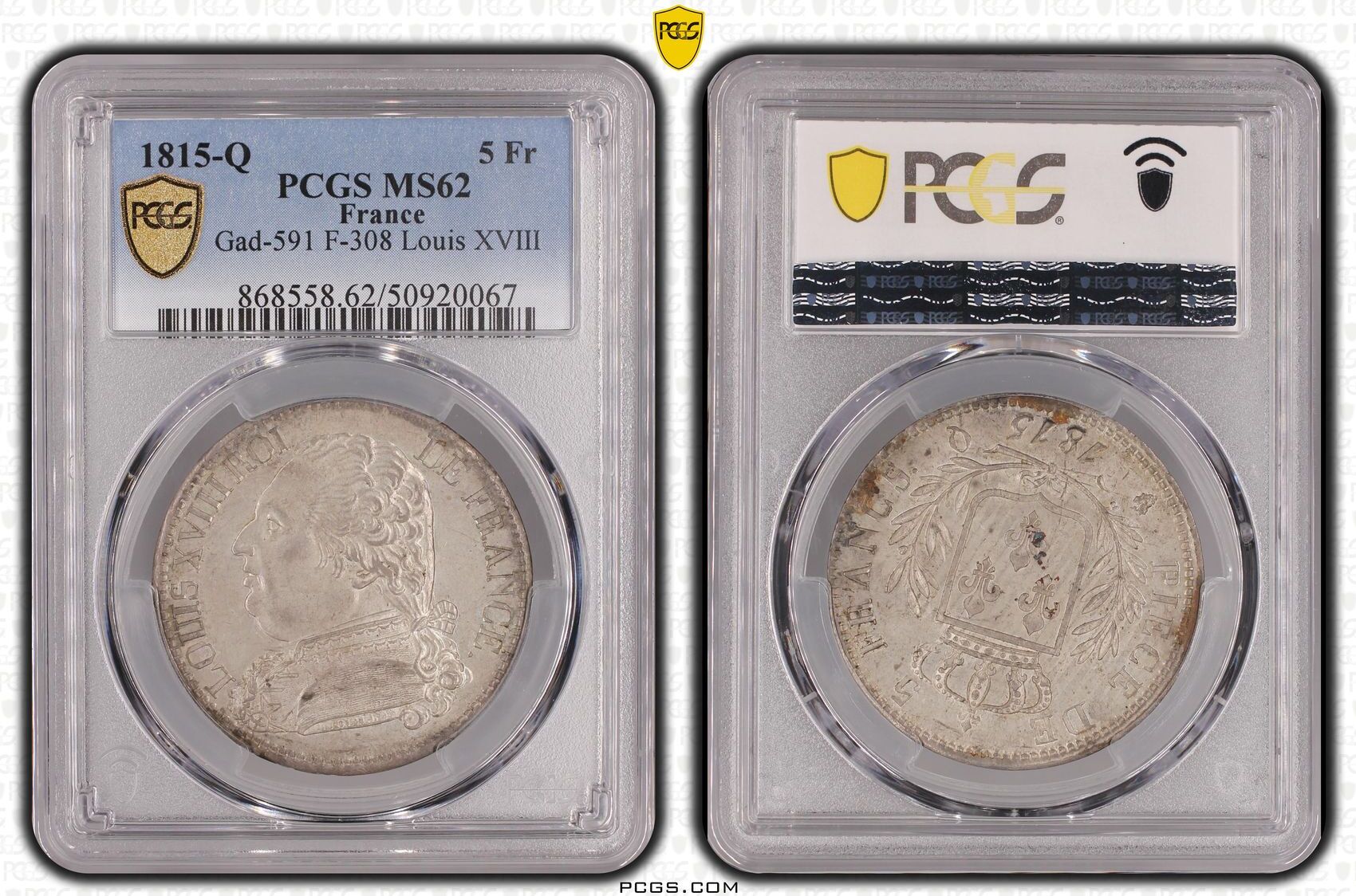 France - Louis XVIII - 5 francs 1815 Perpignan - PCGS MS62 - TOP