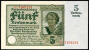 Papiergeld A) DR 5 Rentenmark 2.1.1926. KN. 7-stellig, Serie C. II+ / II -