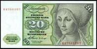 Papiergeld A) Bund 20 DM 2.1.1960. Serie H/T. I / I, bankfrisch -