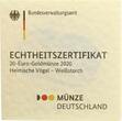 Deutschland 20 Euro 2020 A BRD, Heimische Vögel - Weißstorch, in Münzkapsel mit Zertifikat BU