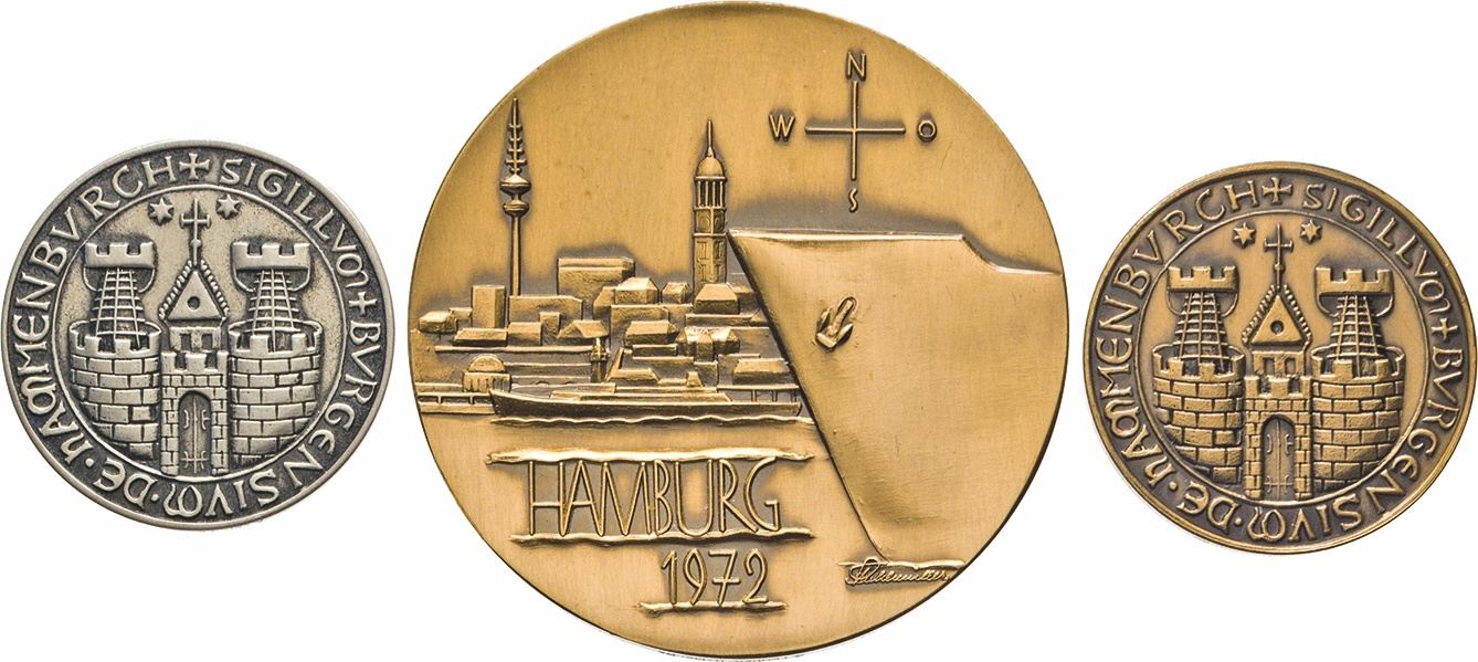 3 Sport-Medaillen 9227 gold,silber,bronze mit Wunschemblem und BRD-Bändern 