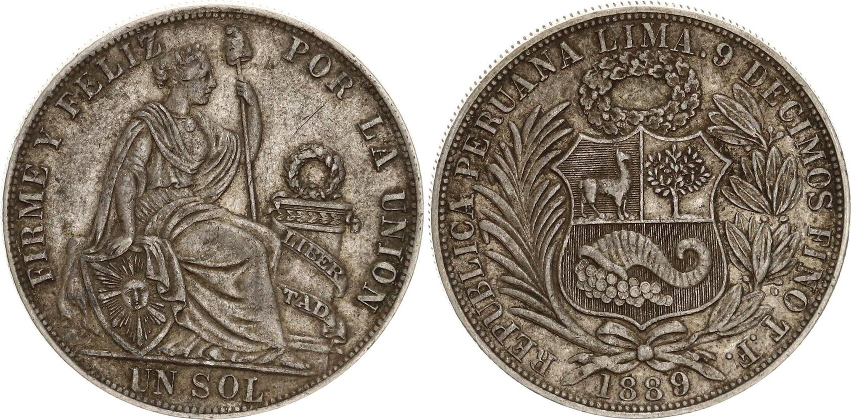 Peru - 1 Sol 1889 Silbermünze, Un Sol, Republik Peru (1863-1917 ...