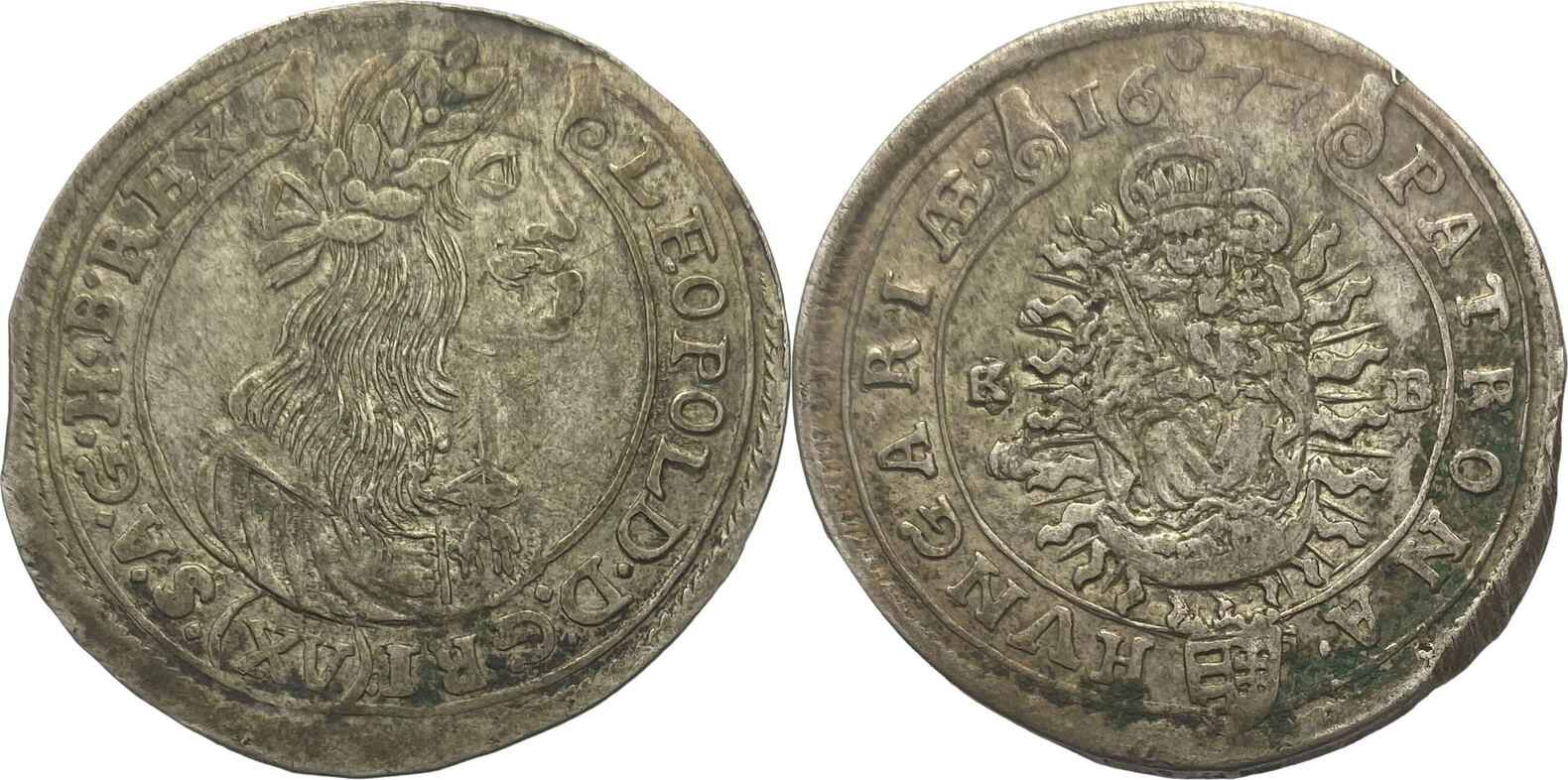 AUSTRIAN KRISTALL 53177 レア Austrian Empire XV. kreuzer 1677 K.B. Leopold I. Kremnica VF | MA