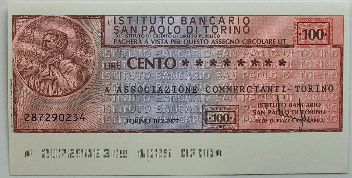 Чеки в иностранной валюте. Валюта в Сан Паоло. 100 Оригинал Италия.