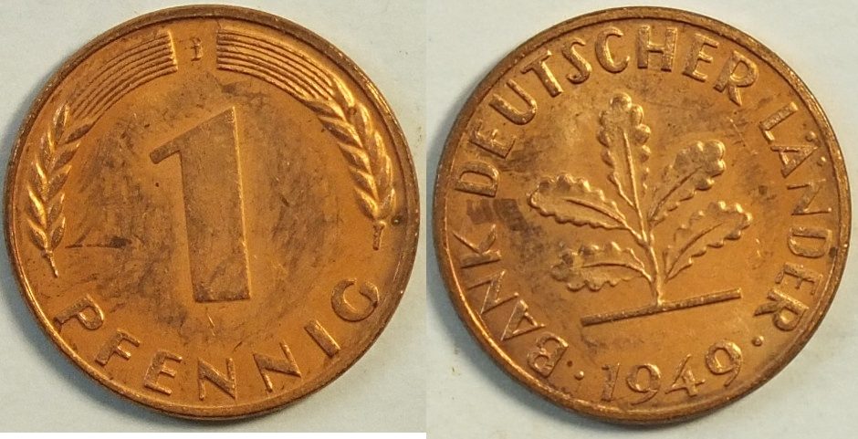 1 Pfennig 1949 J Bank Deutscher Länder BRD 1 Pf 1949 J Bank deutscher Länder UNC | MA-Shops