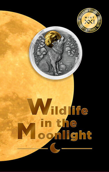 Grey Wolf Wildlife in the Moonlight Antique finish Silver Coin 2 Cedis