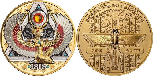 Isis Gold Grandeur 5 oz Proof-like Silver Coin 5000 Francs CFA Cameroon 2025 Antique finish