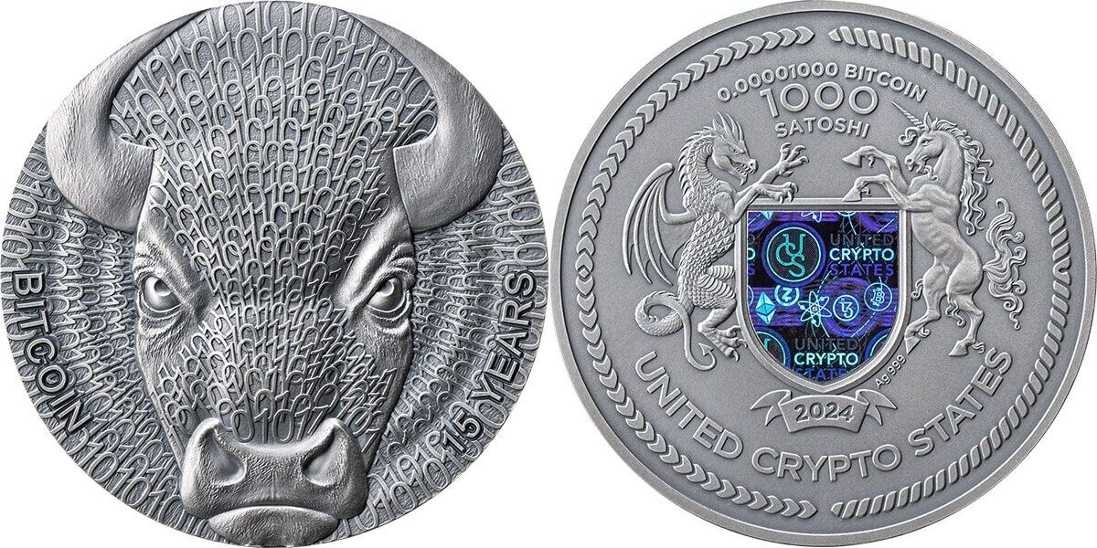 Binary Bull Binary World 2 oz Antique finish Silver Coin 1000