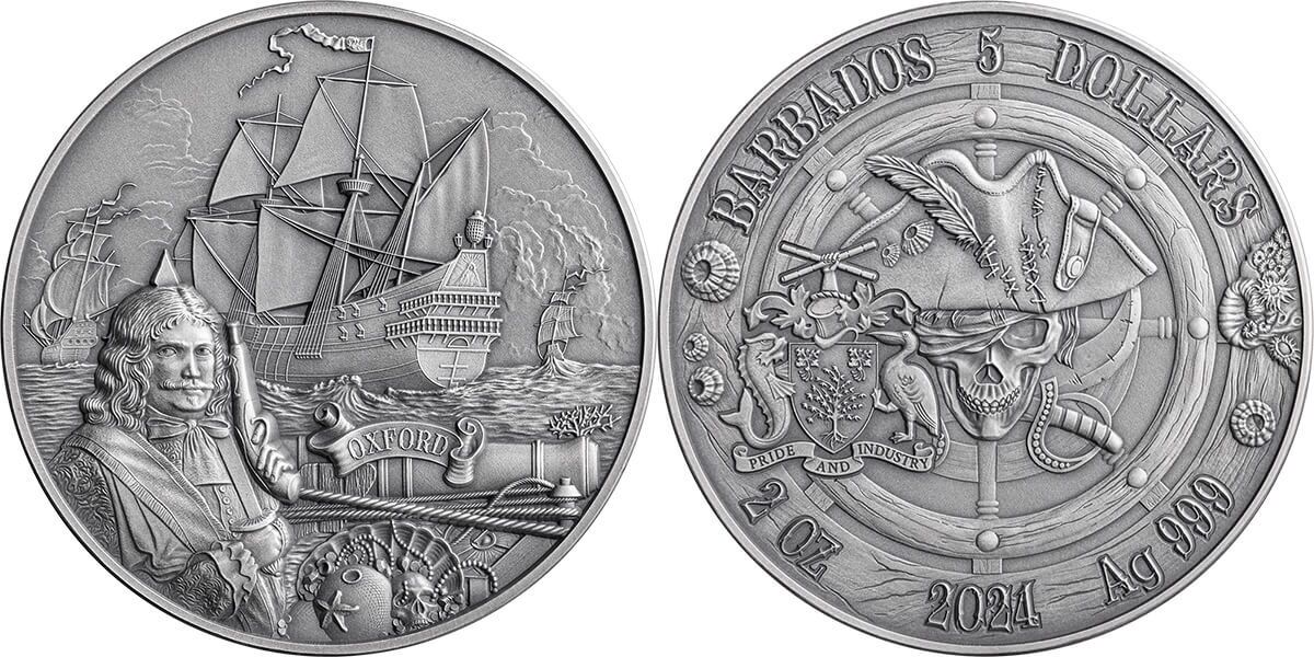 大英帝国 1912年 ロンドンシティギルド 青銅メダル Barbados 5 dollars 2024 Oxford - Captains of Fortune 2 oz Silver