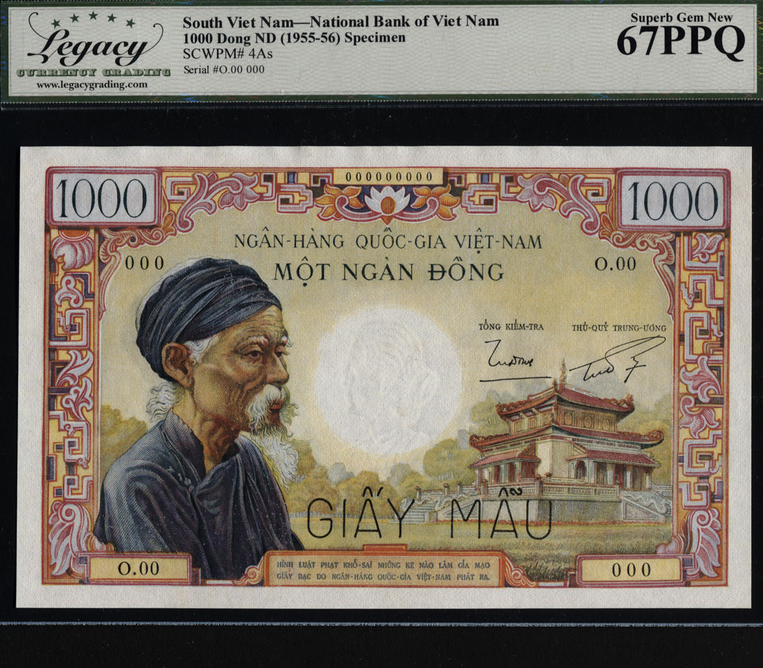 1955-56 SOUTH VIETNAM 1000 DONG OLD MAN AT THE TEMPLE LCG 67 PPQ SUPERB GEM  NEW NONE GRADED HIGHER