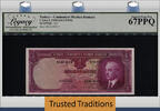 Welt Banknoten 1 LIRA TT PK 135 1930 TURKEY BOLD COLORS LCG 67 PPQ SUPERB GEM NEW TIED AS BEST -