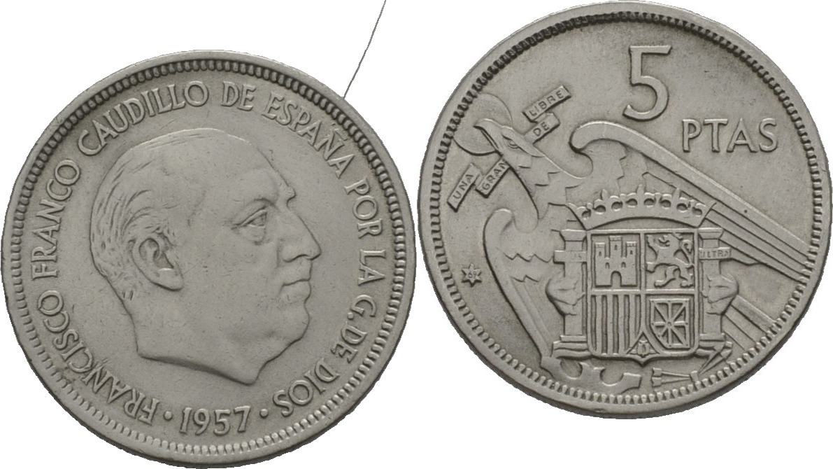 Spanien 5 Pesetas 1957 VZ  Prägejahr 1969  gereinigt  Русские монеты из  драгоценных