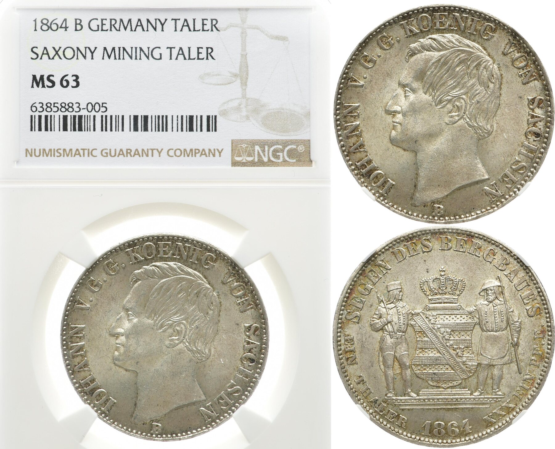 Sachsen. Vereinstaler 1864 B. Johann, 1854-1873. Feine Tönung, CH UNC ...