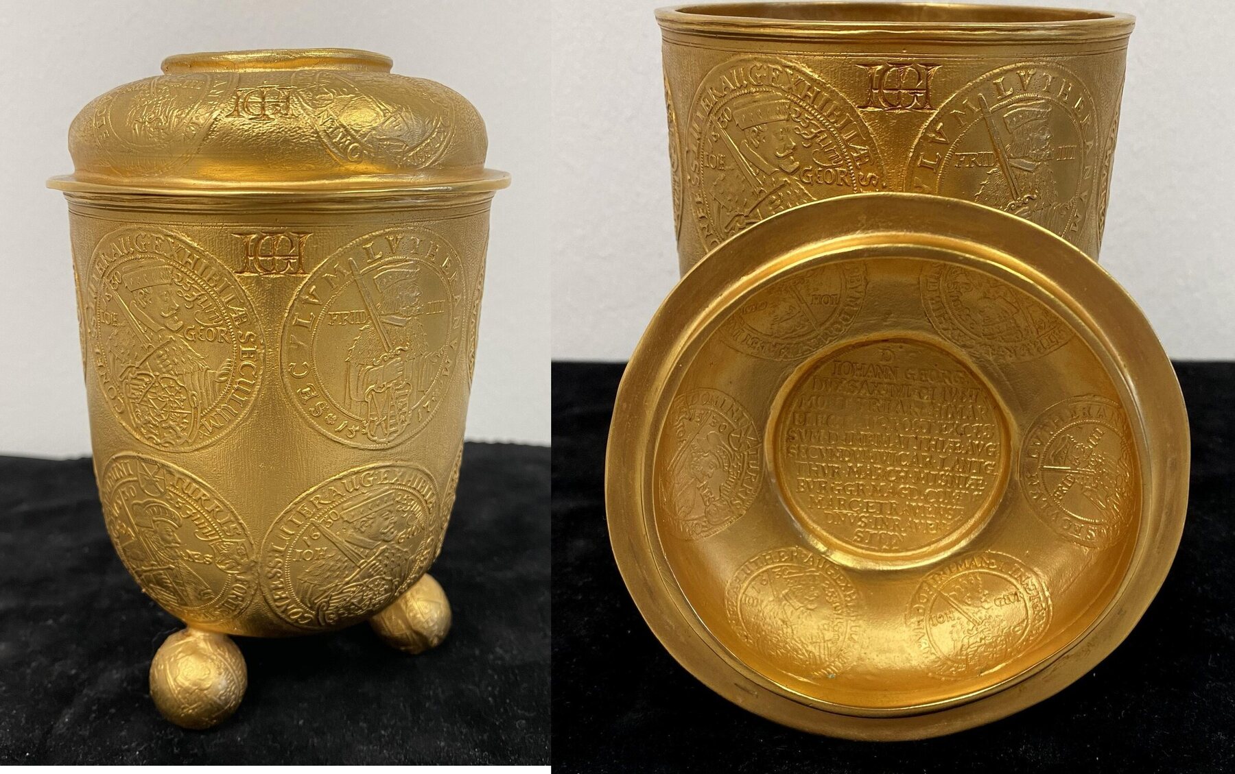 Vergoldeter Bronzegussmünzbecher mit Monogramm HIG Replika Vorzügliche ...