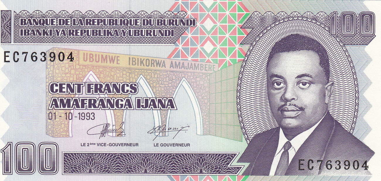 BURUNDI 100 FRANCS 1993 P 37 UNC