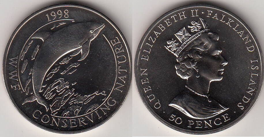 1998 falkland isl. 50 pence w.w.f. fish km.60 unc