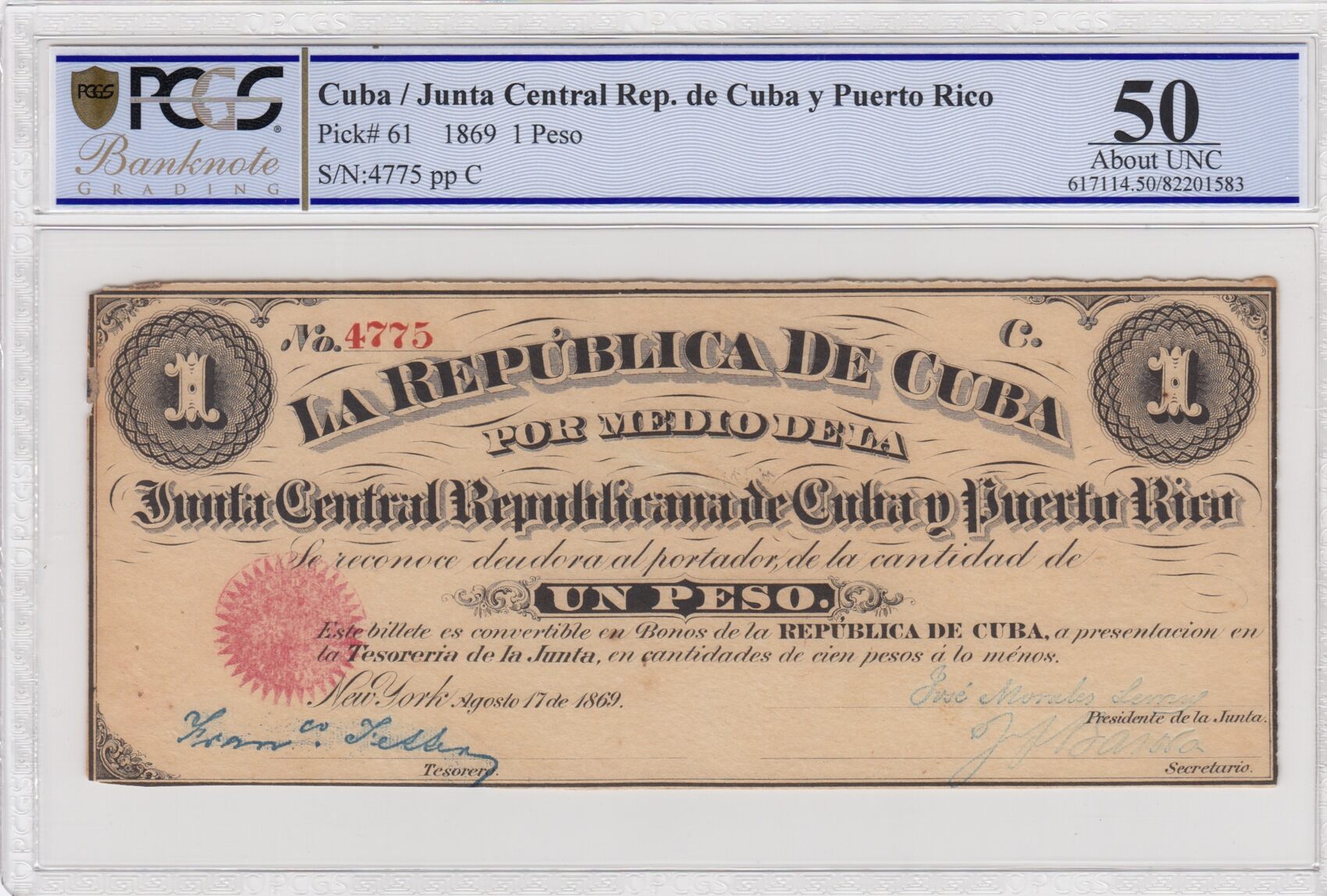 Cuba 1 Peso 1869 Pcgs 50 P 61 Unc Ma Shops