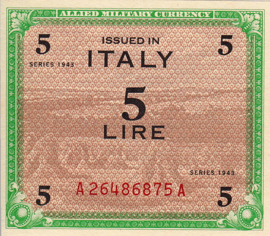 Италия 50 лир 1943. 10 Лир 1943. Italia a Series. Military Note.