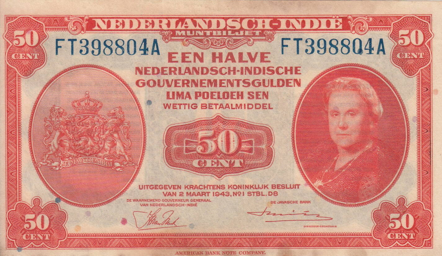 Netherlands Indies 50 Cent (MEV.167B) 1943 WILHELMINA P.110a