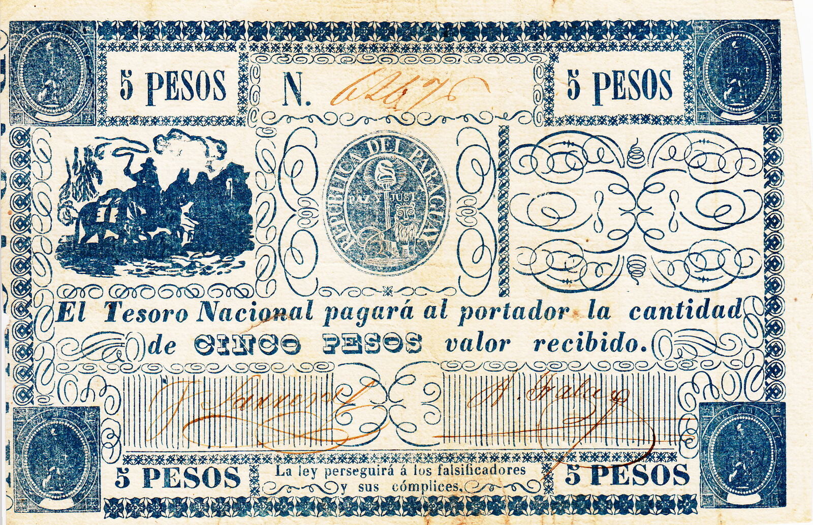 Paraguay 5 Pesos 1865 2 Burros P 25 Vf Ma Shops