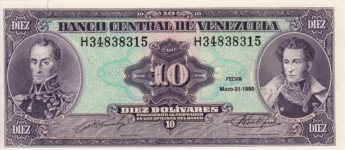 Venezuela 10 Bolivares 1990 BOLIVAR/SUCRE P.61b UNC