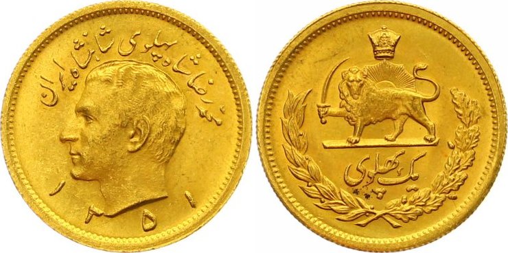 Iran Pahlavi SH Gold 1351 Mohammed Reza Pahlevi, Shah 1941-1979. UNC ...