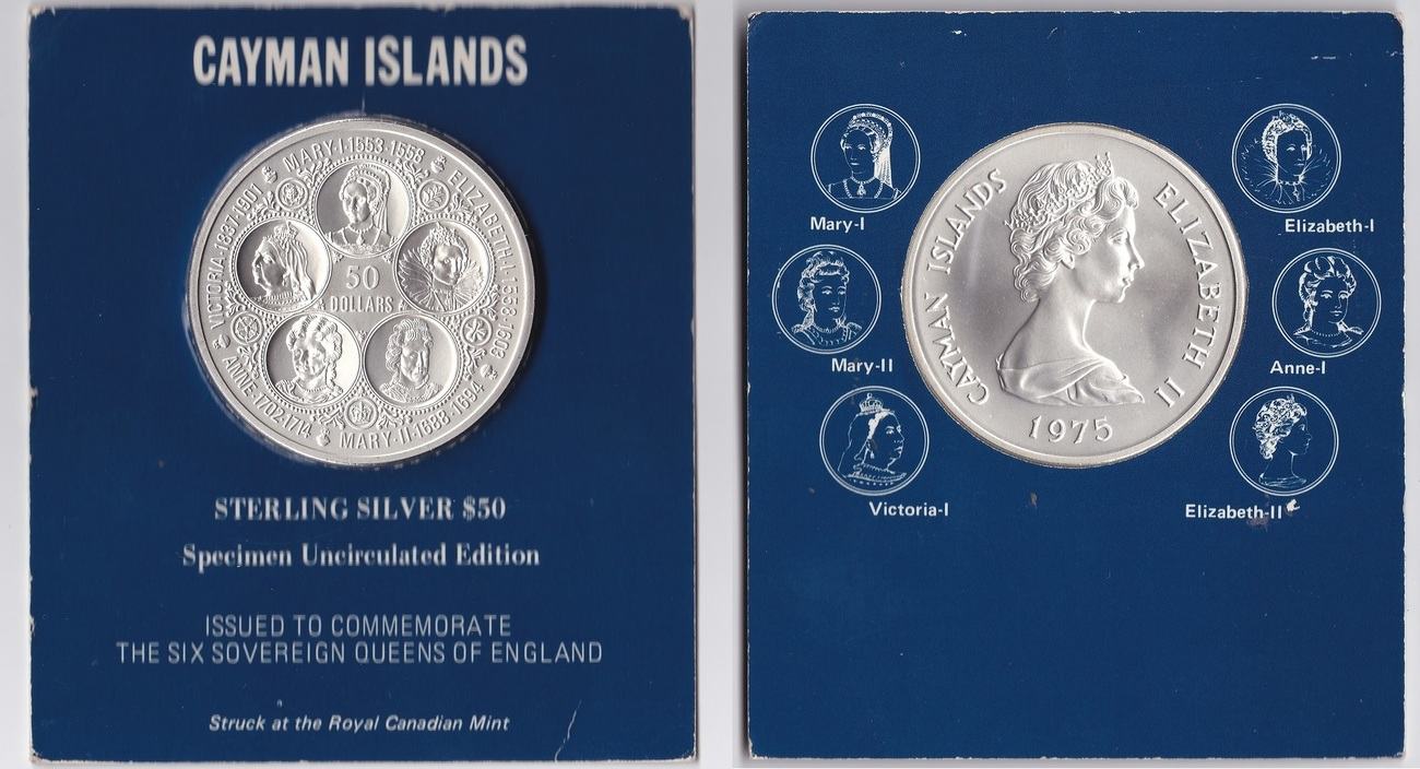 Cayman Islands 50 Dollars 1975 The six sovereign queens of England