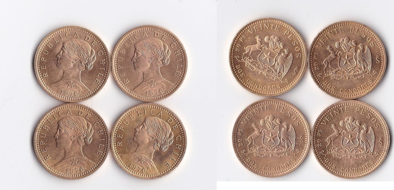 4x 20 pesos; 4x dos condores 1976 chile ch unc
