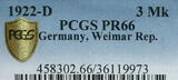 Weimarer Republik 3 Mark 1922 D PCGS PR66