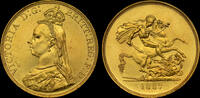 GREAT BRITAIN VICTORIA, 1887 GOLD FIVE POUNDS  1887 