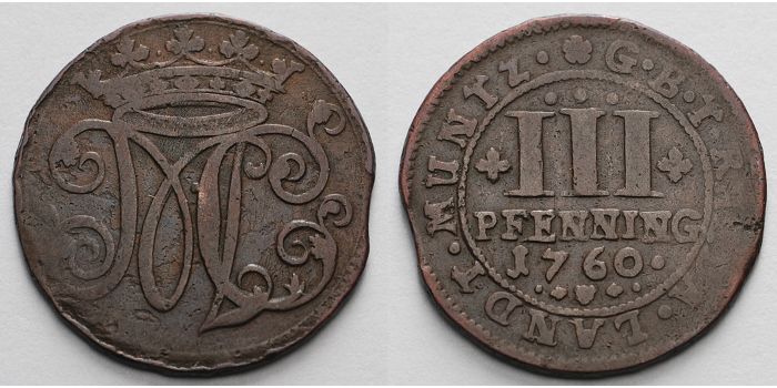 Bentheim-Tecklenburg-Rheda 3 Pfennig 1760 Moritz Casimir 1710-1768 ...