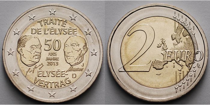 2 Euro Münze Elysee Vertrag Wert 2 Euro 2013 J Deutschland 50 Jahre Élysée Vertrag, Prägestätte J stgl