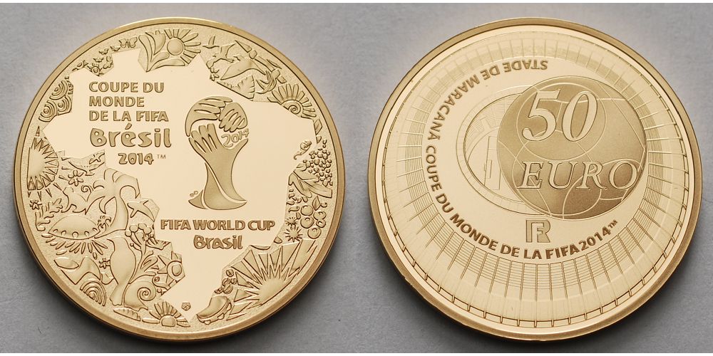 6.7 евро. Монета с камушками in Brasilien Deutschland Weltmeister 2014 с.