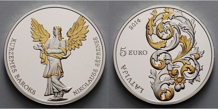 Lettland 5 Euro 2014 Barockkunst Kurzeme, farbig-vergoldet inkl. Etui ...