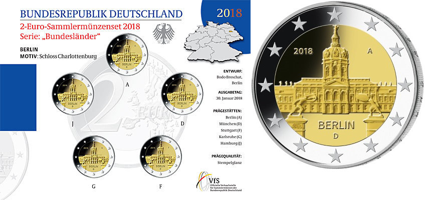 Deutschland 2 Euro<br> 5x 2018 A/D/F/G/J Schloss Charlottenburg in Berlin, <b> kompl. Satz</b><br>(5 Prägestätten) <b>BU (MS65-70)</b> <br>im <br>Blister