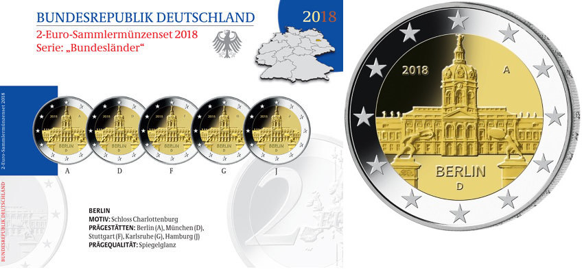 Deutschland 2 Euro<br> 5x 2018 A/D/F/G/J Schloss Charlottenburg in Berlin, <b> kompl. Satz</b><br>(5 Prägestätten) <b> Proof</b> <br> im<br> Blister