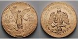Mexiko 50 Pesos,<br> 37,50g <br>fein <br>36,50 mm Ø 1947 Viktoriastatue vom Unabhängigkeitsdenkmal vor den Vulkanen, Archivbild, <b> Anlagegold</b><b> -PP-</b><br> (leicht berieben)