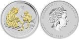 Australien 1 $ Jahr des Affen/ Chines.Tierkreiszeichen 2016 <b>N.SERIE vergoldet</b> Lunar II <b>CH UNC</b><br> im<br> Etui & <br>Schuber &