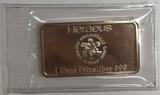 31,1 g fein o.J. Silberbarren, Bielefeld Leineweber, Heraeus Barren -<b>eingeschweißt in Folie, <b>Anlagesilber</b>