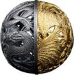 Samoa 5 Dollar <br>24 Karat vergoldet<br>50 mm Ø 2023 Dragon and Phoenix - Spherical Coin 2 oz.Silber, inkl.Zertifikat/Etui/Box, RAR! <b> Antique Finish</b> <br>2 Unzen Silber<br>