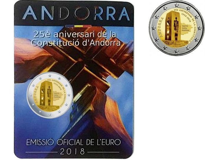 Andorra 2 Euro 2018 25 Jahre Verfassung, <b>SONDERANGEBOT !!!</b> BU (MS65-70)<br> im<br> Blister / <br> Coincard
