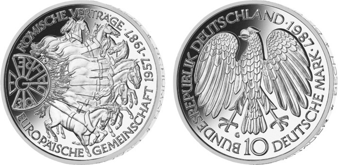 Deutschland, Bundesrepublik 10 DM 1987 30 Jahre Römische Verträge, EG ...