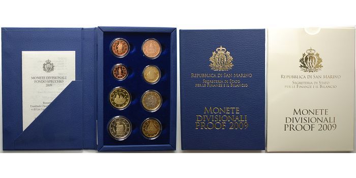 San Marino 3,88 Kursmünzen, kompl. Satz 2009 *,2. Satz in Polierte Platte -  Spiegelglanz - PP Proof im Blister